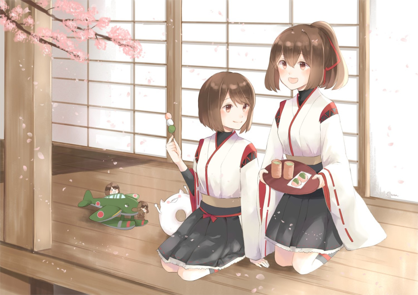 2girls :d black_skirt brown_eyes brown_hair cherry_blossoms cup dango enemy_lifebuoy_(kantai_collection) food hair_ribbon holding holding_food holding_tray hyuuga_(kantai_collection) ise_(kantai_collection) kantai_collection looking_at_another multiple_girls nontraditional_miko open_mouth ponytail red_ribbon remodel_(kantai_collection) ribbon seiza short_hair sitting skirt smile tray wagashi yunomi yuzu_(kimagure_kankitsurui)