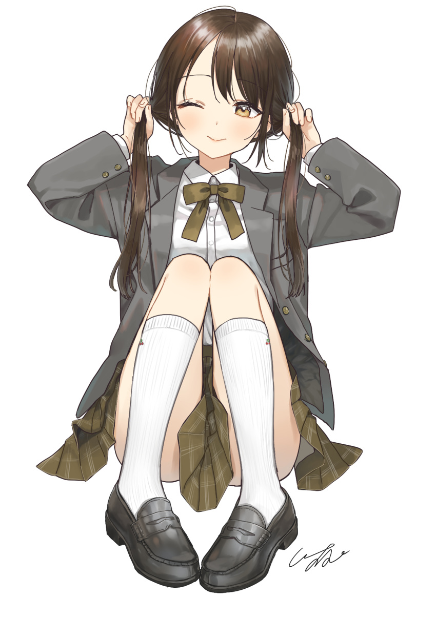 1girl ;) blush bow brown_bow brown_eyes brown_hair brown_skirt bunching_hair closed_mouth collared_shirt commentary_request dress_shirt full_body grey_jacket hands_up highres jacket kneehighs knees_up loafers long_hair long_sleeves looking_at_viewer one_eye_closed open_clothes open_jacket original pigeon-toed plaid plaid_skirt pleated_skirt pomu school_uniform shirt shoes signature simple_background sitting skirt smile solo twintails white_background white_legwear white_shirt