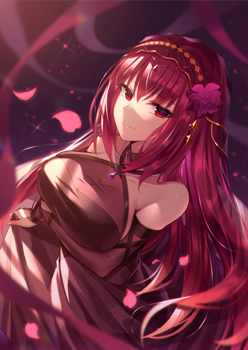 1girl absurdres arm_under_breasts bangs bare_shoulders black_fire_(peter02713) breasts bridal_gauntlets closed_mouth collarbone detached_sleeves dress fate/grand_order fate_(series) flower gradient gradient_background hair_between_eyes hair_flower hair_ornament halterneck highres jewelry large_breasts long_hair looking_at_viewer pendant purple_background purple_dress purple_hair red_eyes scathach_(fate)_(all) scathach_(fate/grand_order) smile solo sparkle veil