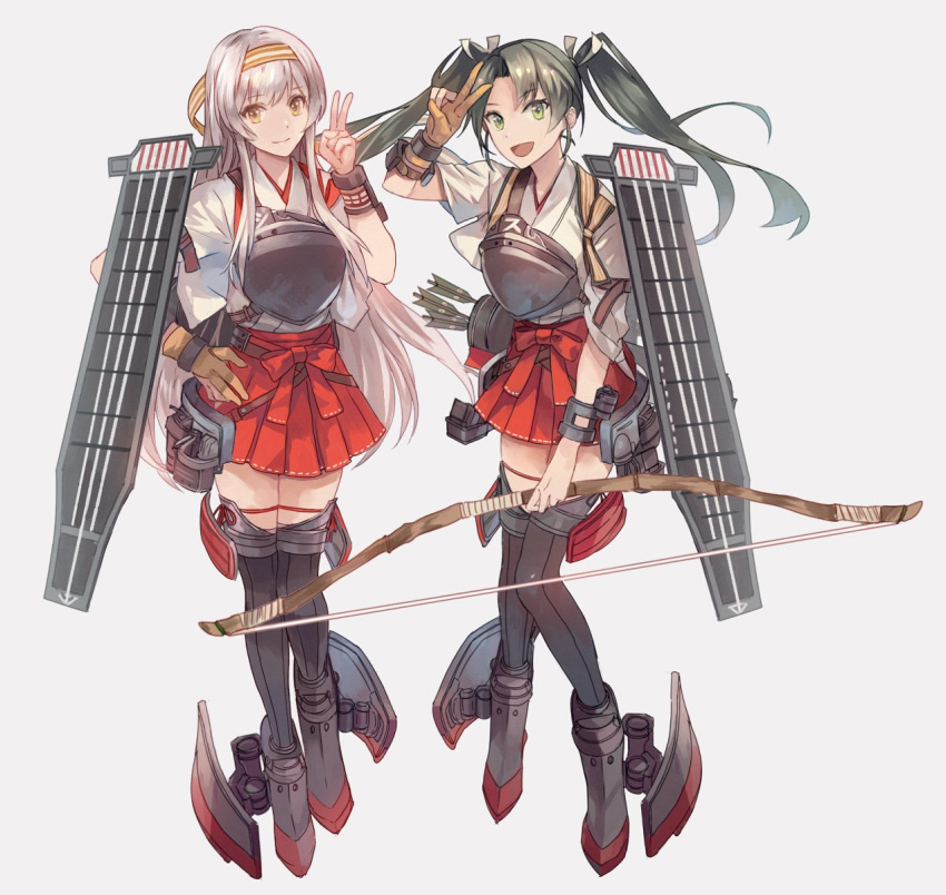 2girls bow_(weapon) brown_gloves commentary_request dark_green_hair flight_deck full_body gloves green_eyes grey_legwear hairband hakama_skirt headband highres kantai_collection kasumi_(skchkko) long_hair looking_at_viewer machinery multiple_girls muneate partly_fingerless_gloves quiver red_headband shoukaku_(kantai_collection) single_glove tasuki thigh-highs twintails weapon white_hair yugake yumi_(bow) zuikaku_(kantai_collection)