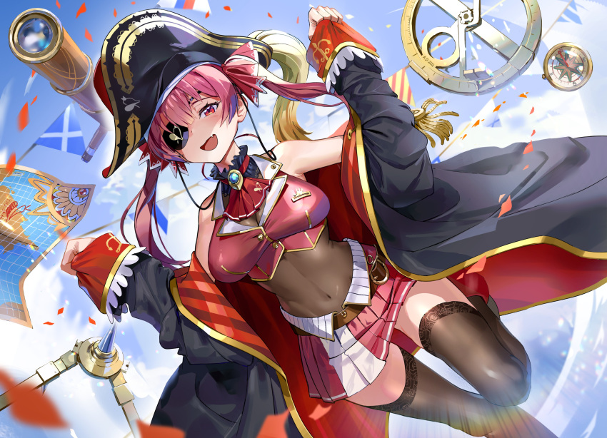 1girl absurdres arrow_through_heart bare_shoulders breasts covered_navel eyepatch fang hair_ornament hat highres hololive houshou_marine leotard looking_at_viewer miniskirt outdoors pink_hair pirate_hat red_eyes skin_fang skirt sky solo ssamjang_(misosan) thigh-highs virtual_youtuber
