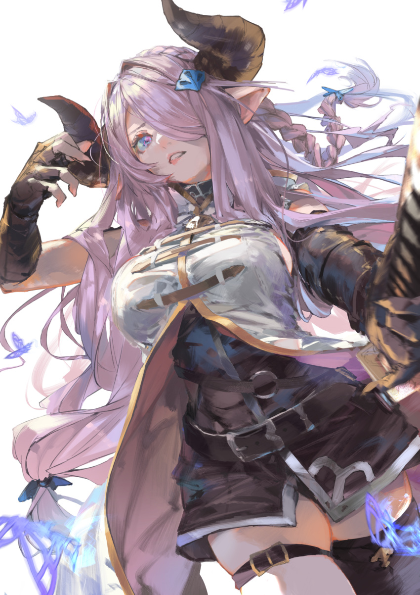 1girl asymmetrical_gloves bare_shoulders belt black_dress black_gloves black_legwear blue_eyes braid breasts bug butterfly draph dress elbow_gloves fingerless_gloves gloves granblue_fantasy hair_ornament hair_over_one_eye highres horns insect katana kiriyama large_breasts lavender_hair long_hair looking_at_viewer low_tied_hair narmaya_(granblue_fantasy) parted_lips pointy_ears short_dress simple_background single_braid single_thighhigh sleeveless solo sword thigh-highs thigh_strap vest weapon white_background white_vest