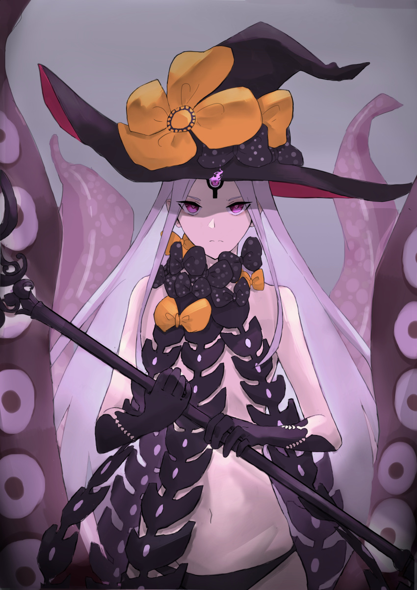 1girl abigail_williams_(fate/grand_order) absurdres bangs bare_shoulders black_bow black_headwear black_panties bow breasts closed_mouth enqiddo fate/grand_order fate_(series) forehead glowing glowing_eye hat highres keyhole long_hair multiple_bows navel orange_bow panties parted_bangs small_breasts solo staff tentacles third_eye underwear violet_eyes white_hair white_skin witch_hat