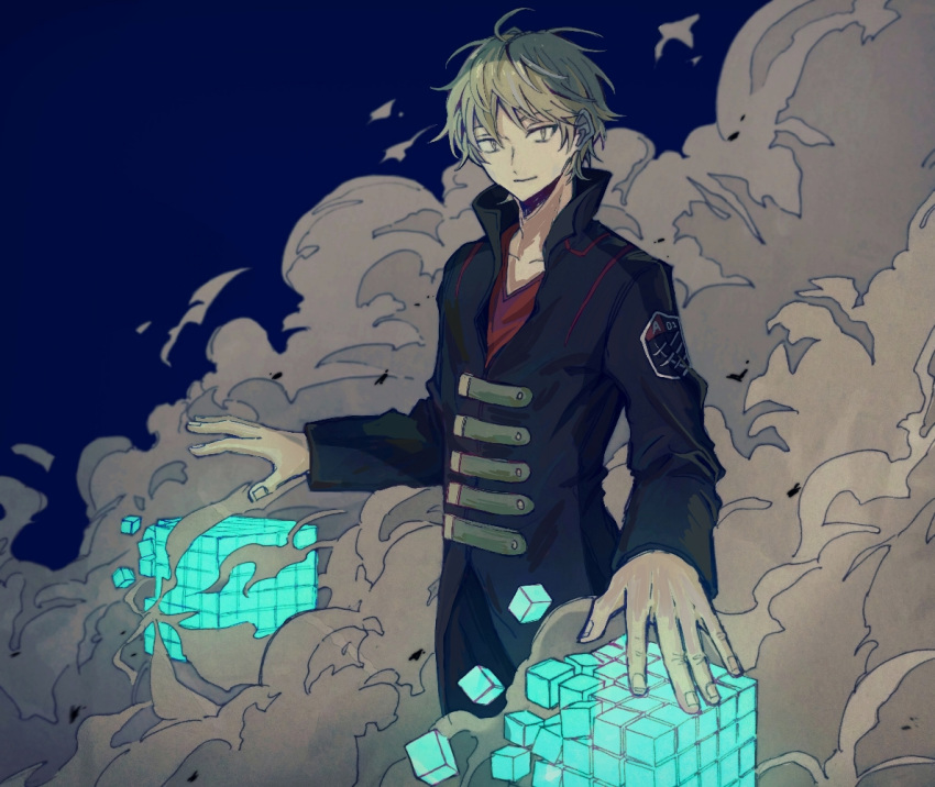 1boy blonde_hair closed_mouth cube fingernails floating glowing izumi_kouhei looking_at_viewer male_focus segawa_awoji smile smoke solo standing world_trigger yellow_eyes