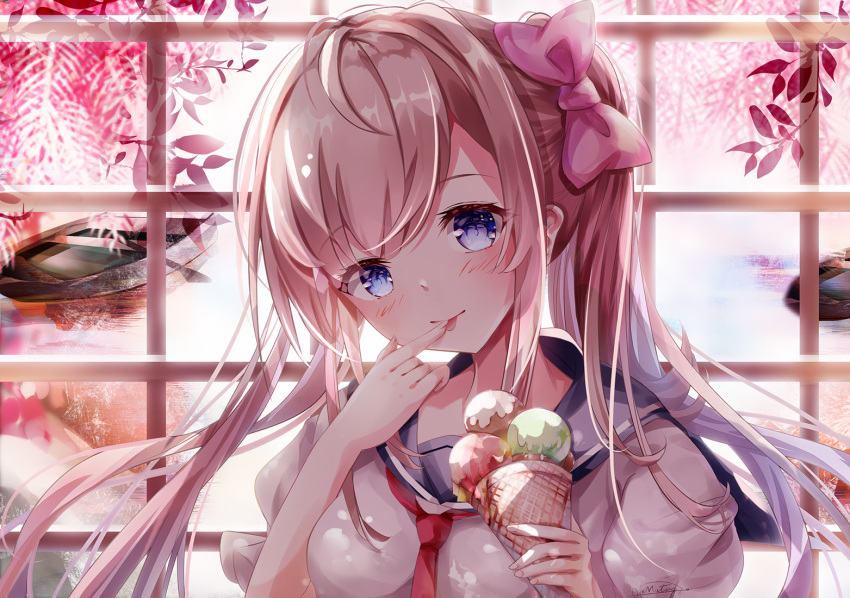 1girl :p bangs blue_eyes blue_sailor_collar blush bow brown_hair closed_mouth commentary english_commentary eyebrows_visible_through_hair finger_to_mouth food hair_bow head_tilt holding holding_food ice_cream ice_cream_cone long_hair mutang original pink_bow plant puffy_short_sleeves puffy_sleeves rowboat sailor_collar school_uniform serafuku shirt short_sleeves smile solo tongue tongue_out triple_scoop twintails upper_body water white_shirt window