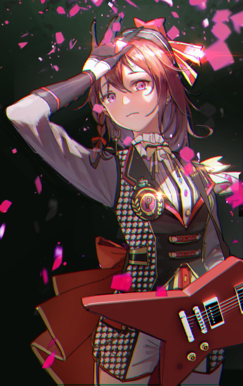 1girl absurdres bang_dream! bangs black_background bow bowtie braid chromatic_aberration confetti cowboy_shot earrings electric_guitar frilled_shirt_collar frills frown gloves guitar hair_bow half_gloves hand_on_own_forehead hat hat_bow highres houndstooth instrument jewelry key_earrings long_hair long_sleeves looking_at_viewer shorts side_braid solo striped striped_neckwear tengyuan_pa_pa_zi toyama_kasumi vest violet_eyes yellow_neckwear