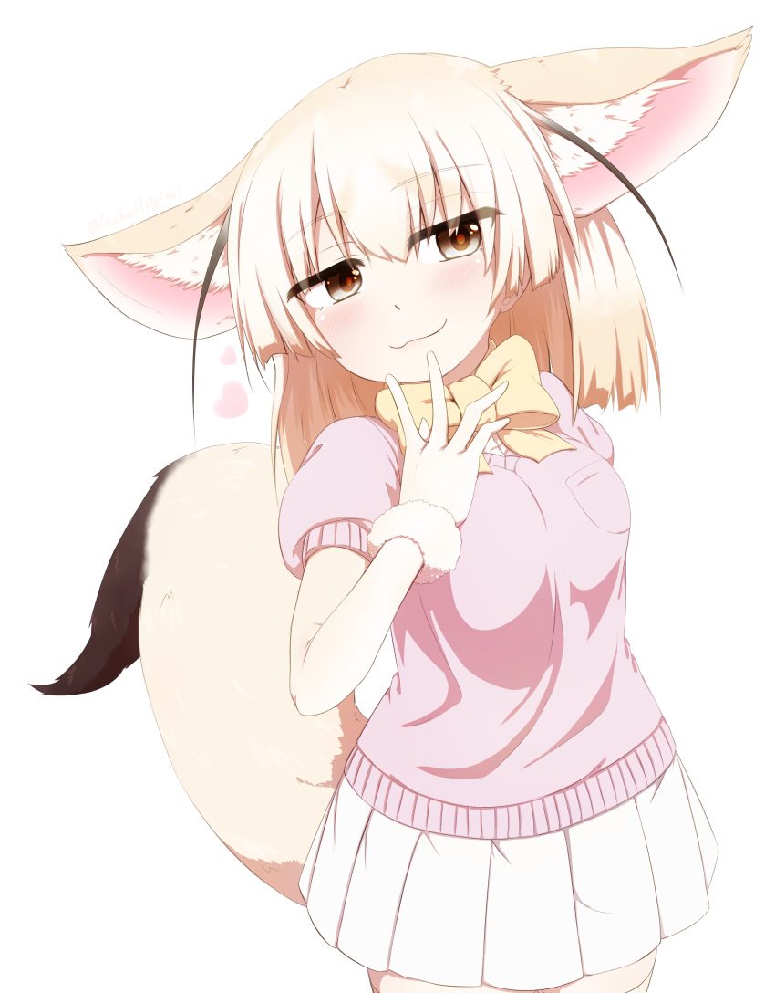 1girl absurdres animal_ear_fluff animal_ears arm_behind_back bangs blonde_hair bow bowtie brown_eyes closed_mouth commentary_request cowboy_shot eyebrows_visible_through_hair fennec_(kemono_friends) fingers_to_chin fox_ears fox_tail giorgio_claes gloves half-closed_eyes head_tilt heart highres kemono_friends looking_at_viewer miniskirt pink_sweater pleated_skirt short_hair short_sleeves simple_background skirt smile smirk solo squatting sweater tail v-neck white_background white_gloves white_skirt yellow_neckwear
