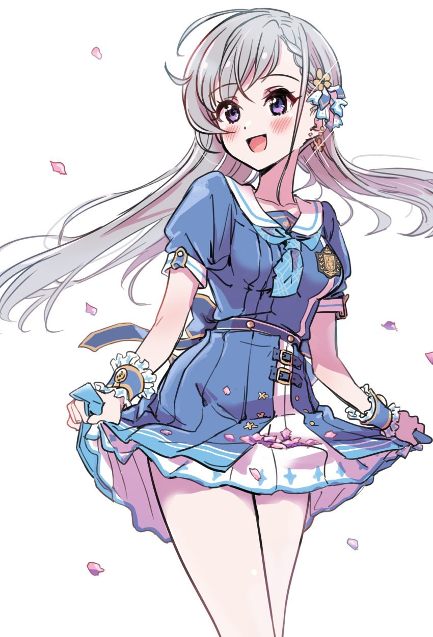 1girl :d absurdres bangs blue_bow blue_dress blue_neckwear blush bow braid breasts brown_flower dress eyebrows_visible_through_hair floating_hair flower grey_hair hair_flower hair_ornament highres hisakawa_hayate idolmaster idolmaster_cinderella_girls long_hair looking_away looking_to_the_side necktie open_mouth petals pizzasi puffy_short_sleeves puffy_sleeves sailor_collar sailor_dress short_necktie short_sleeves simple_background skirt skirt_basket skirt_hold small_breasts smile solo very_long_hair violet_eyes white_background white_sailor_collar white_skirt wrist_cuffs