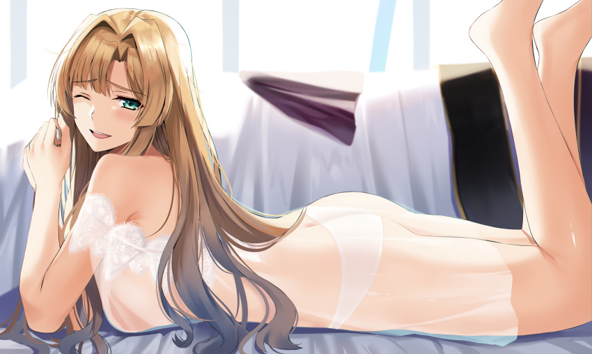 1girl ass bangs bare_shoulders blonde_hair blue_eyes blush breasts granblue_fantasy hair_intakes highres large_breasts legs lingerie long_hair looking_at_viewer nikek96 one_eye_closed open_mouth see-through smile solo underwear zeta_(granblue_fantasy)