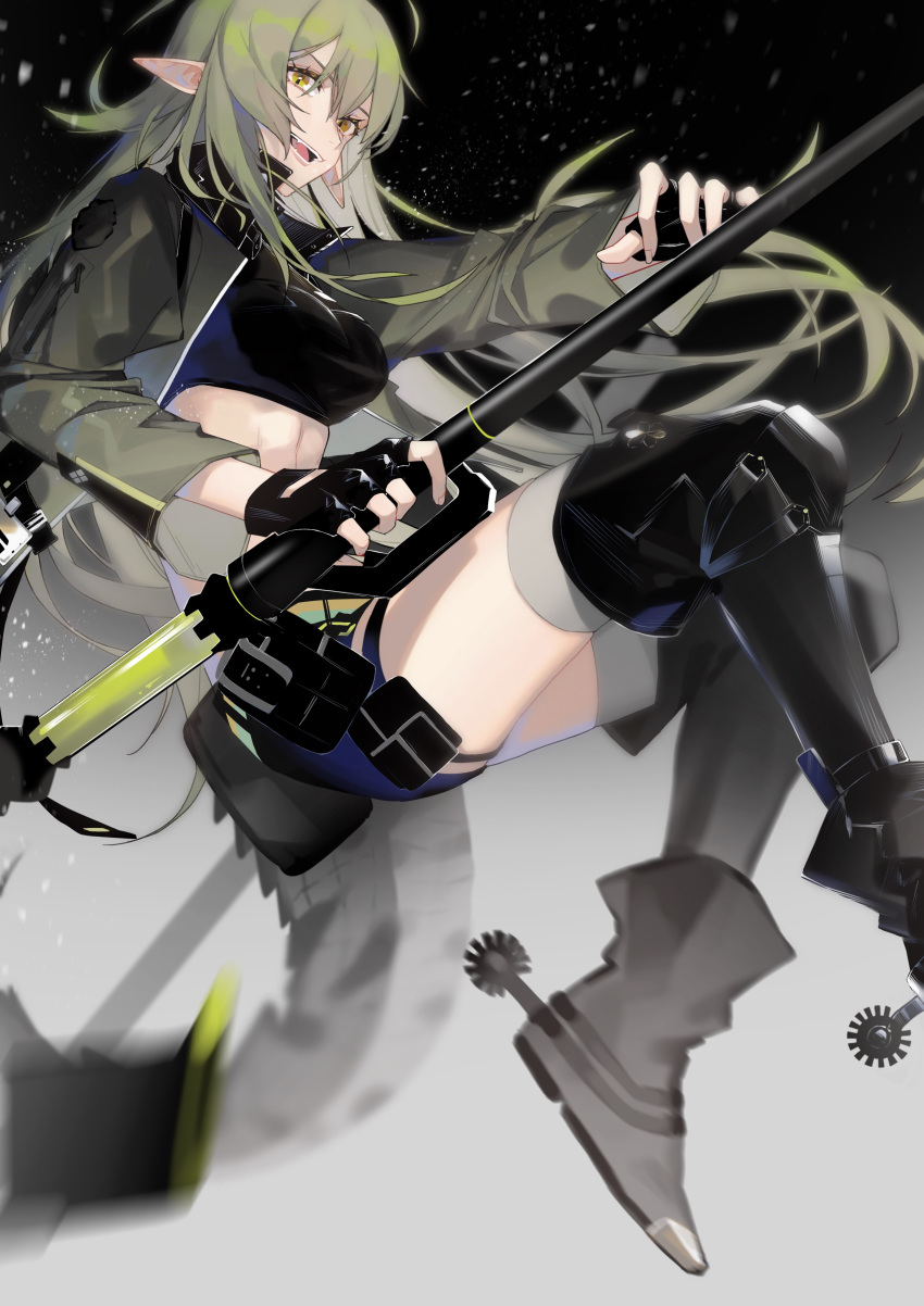 1girl absurdres aniao_ya arknights bangs black_background black_gloves black_legwear boots breasts crocodile_tail fingerless_gloves from_side gavial_(arknights) gloves green_hair grey_background grey_footwear grey_jacket hair_between_eyes highres holding holding_scythe jacket knee_pads long_hair long_sleeves looking_at_viewer open_mouth pointy_ears scythe short_shorts shorts simple_background smile smoke solo stomach tail teeth thigh-highs yellow_eyes