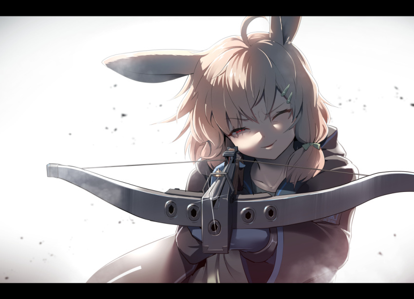 1girl ahoge aiming_at_viewer animal_ears arknights ayagi_daifuku bow_(weapon) brown_coat brown_hair bunny_girl coat collarbone crossbow eyebrows_visible_through_hair glint gradient gradient_background green_ribbon hair_ornament hair_ribbon hairclip kroos_(arknights) letterboxed looking_at_viewer parted_lips rabbit_ears red_eyes ribbon solo upper_body v-shaped_eyebrows weapon white_background