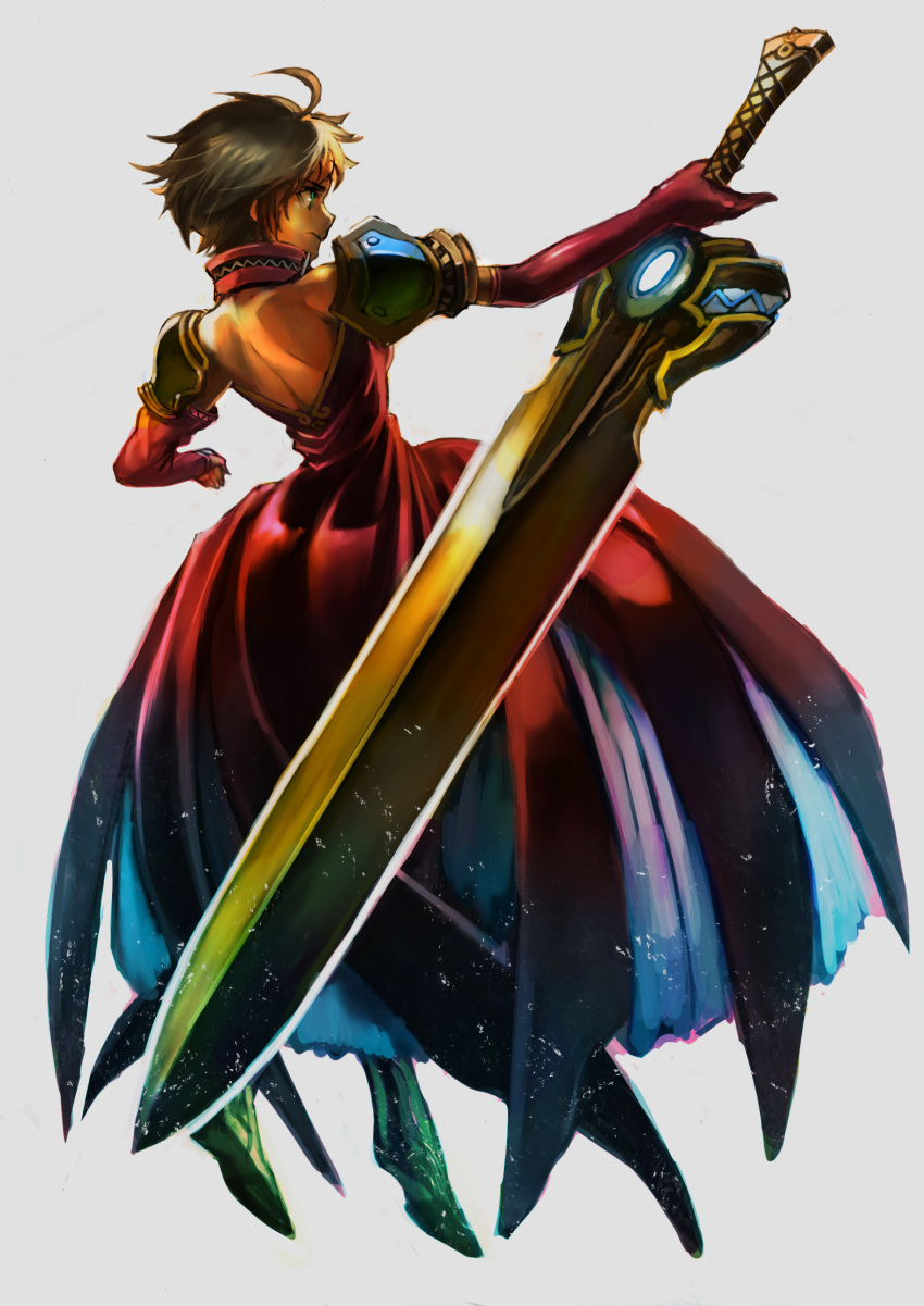 1girl ahoge armor back brown_hair closed_mouth dress elbow_gloves gloves glowing green_eyes grey_background highres holding holding_sword holding_weapon huge_weapon nkmr8 original pauldrons red_dress red_gloves short_hair simple_background solo sword weapon