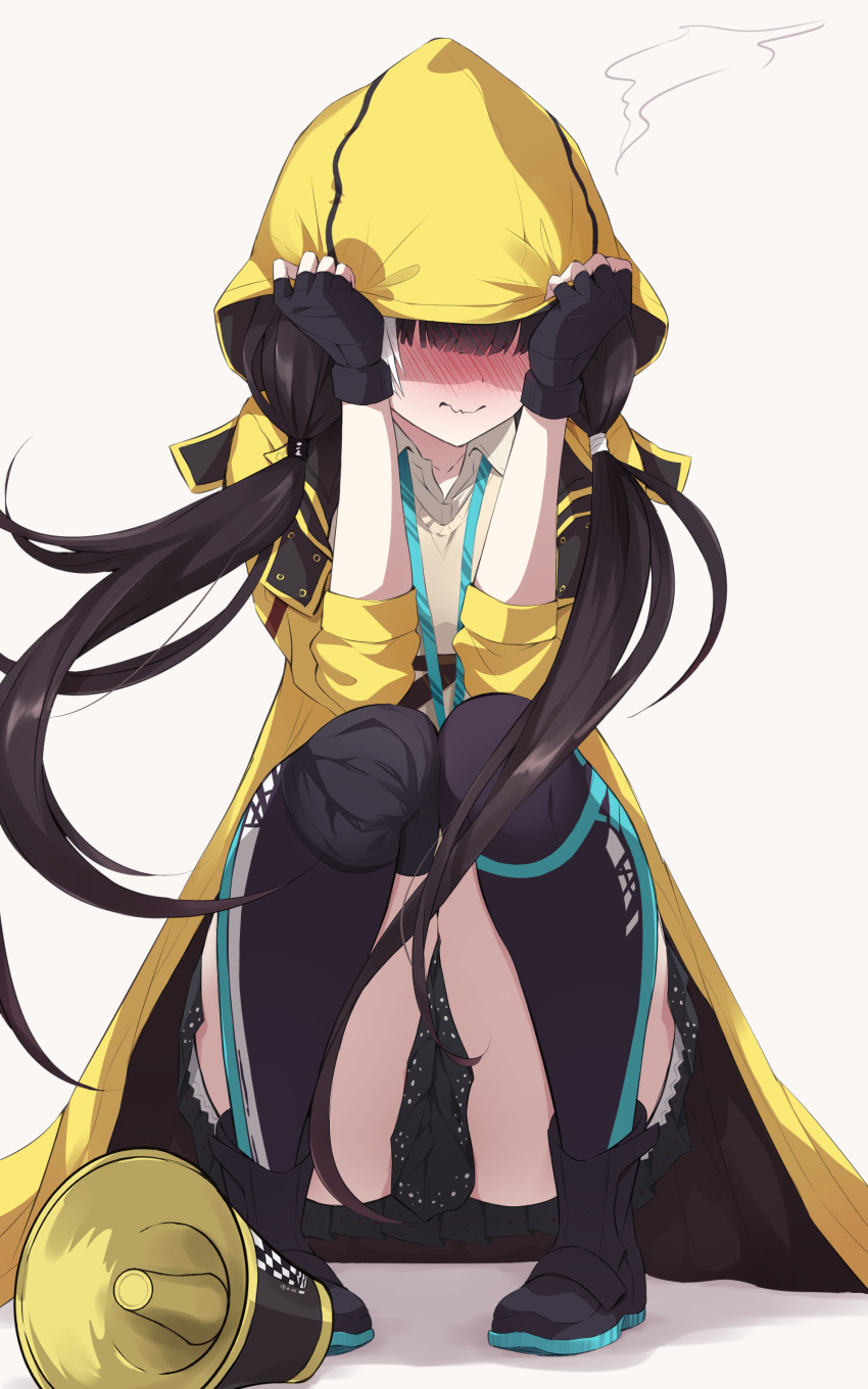 1girl absurdres black_gloves blush collarbone collared_shirt covering_face diieru earpiece embarrassed emoticon eyebrows eyebrows_visible_through_hair fingerless_gloves full_body girls_frontline gloves heterochromia highres hood hood_up hooded_jacket jacket long_hair looking_at_viewer megaphone multicolored_hair nose orange_eyes over-kneehighs pleated_skirt ro635_(girls_frontline) shirt shoes skirt solo squatting streaked_hair striped striped_legwear sweater_vest thigh-highs tsurime white_background white_hair yellow_eyes