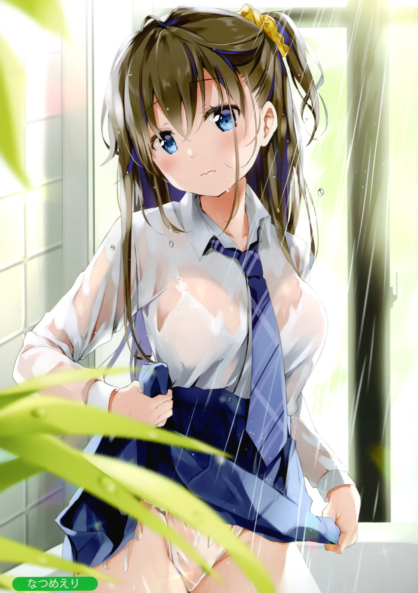 1girl absurdres artist_name bangs blue_eyes blue_skirt blush bra breasts brown_hair closed_mouth eyebrows_visible_through_hair highres lifted_by_self lips long_hair long_sleeves medium_breasts melonbooks natsume_eri panties pleated_skirt scan scrunchie see-through shiny shiny_hair shirt side_ponytail skirt solo tied_hair underwear water water_drop wet wet_clothes white_panties white_shirt yellow_scrunchie