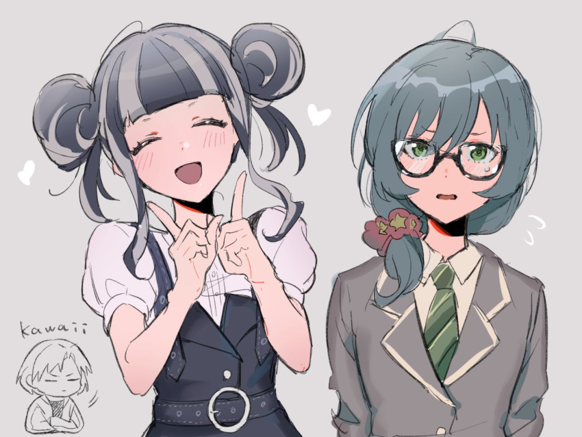 3girls alternate_hairstyle asahi_rokka bang_dream! bangs belt black-framed_eyewear black_dress black_hair blue_hair blunt_bangs cardigan closed_eyes crossed_arms double_bun dress glasses green_eyes green_neckwear grey_background grey_hair grey_jacket hair_over_shoulder haneoka_school_uniform heart index_fingers_raised jacket long_hair long_sleeves looking_at_viewer low-tied_long_hair multicolored_hair multiple_girls necktie nyubara_reona open_mouth pinafore_dress red_scrunchie romaji_text satou_masuki school_uniform scrunchie shiontaso short_sleeves sidelocks simple_background striped striped_neckwear sweatdrop two-tone_hair upper_body white_dress