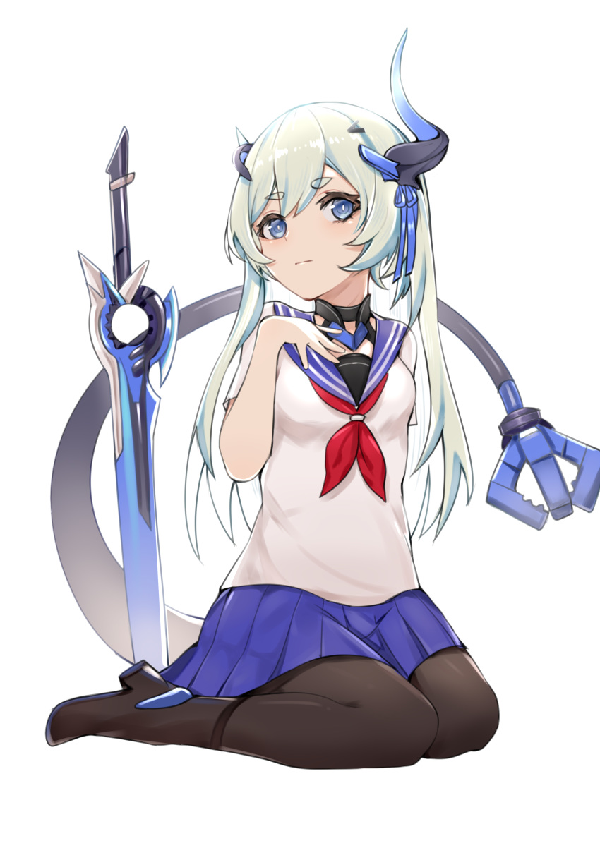 1girl absurdres bangs black_footwear black_legwear blue_eyes blue_sailor_collar blue_skirt blush boots breasts closed_mouth commentary_request curled_horns eyebrows_visible_through_hair full_body green_hair hand_up high_heel_boots high_heels highres honkai_(series) honkai_impact_3rd horn liliya_olenyeva long_hair neckerchief pantyhose planted_sword planted_weapon pleated_skirt red_neckwear sailor_collar school_uniform serafuku shirt short_eyebrows short_sleeves simple_background sitting skirt small_breasts solo sword tail thick_eyebrows very_long_hair wariza weapon white_background white_shirt zhourues