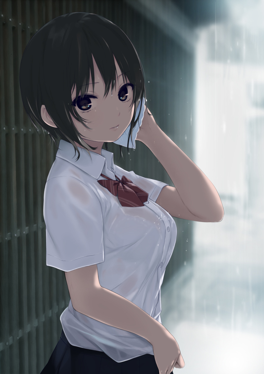 1girl aoyama_sumika arm_up bangs black_eyes black_hair black_skirt blurry bow bowtie breasts closed_mouth coffee-kizoku collared_shirt commentary_request day depth_of_field dress_shirt eyebrows_visible_through_hair from_side highres holding looking_at_viewer looking_to_the_side medium_breasts original outdoors rain red_bow red_neckwear school_uniform see-through shirt short_hair skirt smile solo upper_body wing_collar