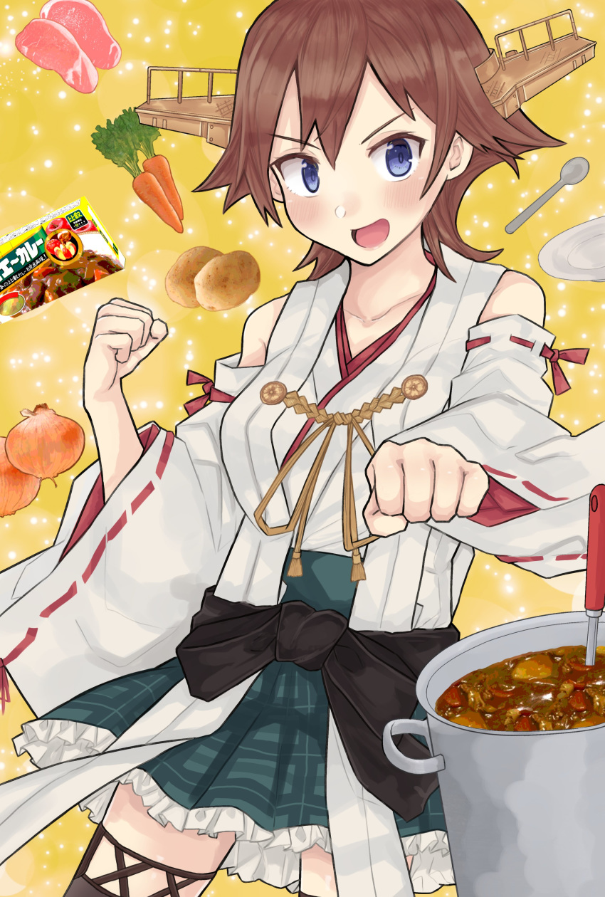 1girl :d absurdres bare_shoulders beef blush boots brown_hair carrot clenched_hands curry detached_sleeves dokuganryuu flipped_hair food green_skirt hiei_(kantai_collection) highres kantai_collection looking_at_viewer nontraditional_miko onion open_mouth plaid plaid_skirt pot potato remodel_(kantai_collection) rice short_hair skirt smile solo spoon thigh-highs thigh_boots
