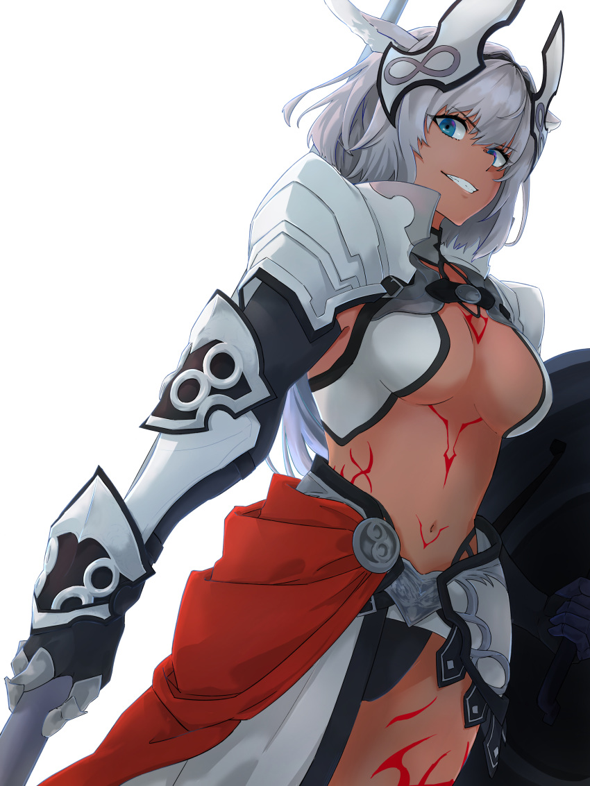1girl absurdres animal_ears artist_request bangs black_bikini_bottom blue_eyes body_markings breasts caenis_(fate) cape dark_skin fate/grand_order fate_(series) faulds gauntlets grey_hair grin hair_intakes highres large_breasts long_hair looking_at_viewer navel pauldrons polearm ponytail red_cape shield simple_background smile solo spear tattoo waist_cape weapon white_background white_bikini_top