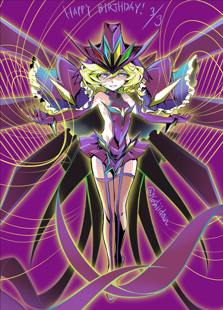 1girl blonde_hair blue_eyes capelet carol_malus_dienheim dated elbow_gloves garter_straps gloves happy_birthday highres long_hair looking_at_viewer mole mole_under_eye senki_zesshou_symphogear shiny shiny_hair shiny_skin side_cutout sideless_outfit solo standing thigh-highs wire yoshii_dan