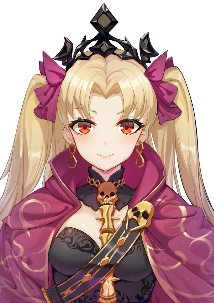 1girl a_dream absurdres bangs between_breasts blonde_hair blush bow breasts cape closed_mouth detached_collar earrings ereshkigal_(fate/grand_order) fate/grand_order fate_(series) gold_trim hair_bow highres hood hooded_cape hoop_earrings infinity jewelry long_hair looking_at_viewer medium_breasts necklace parted_bangs red_bow red_cape red_eyes simple_background skull smile solo spine tiara two_side_up white_background