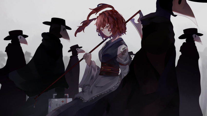 1girl 6+others ambiguous_gender apron armband black_cape black_headwear cape clothes_writing commentary dress english_commentary expressionless grey_background hat head_tilt highres holding holding_scythe juliet_sleeves layered_dress long_sleeves looking_at_viewer medicine_box multiple_others naufaldreamer obi onozuka_komachi plague_doctor_mask puffy_sleeves red_cross red_eyes redhead sash scythe short_hair standing touhou two_side_up waist_apron wind wind_lift