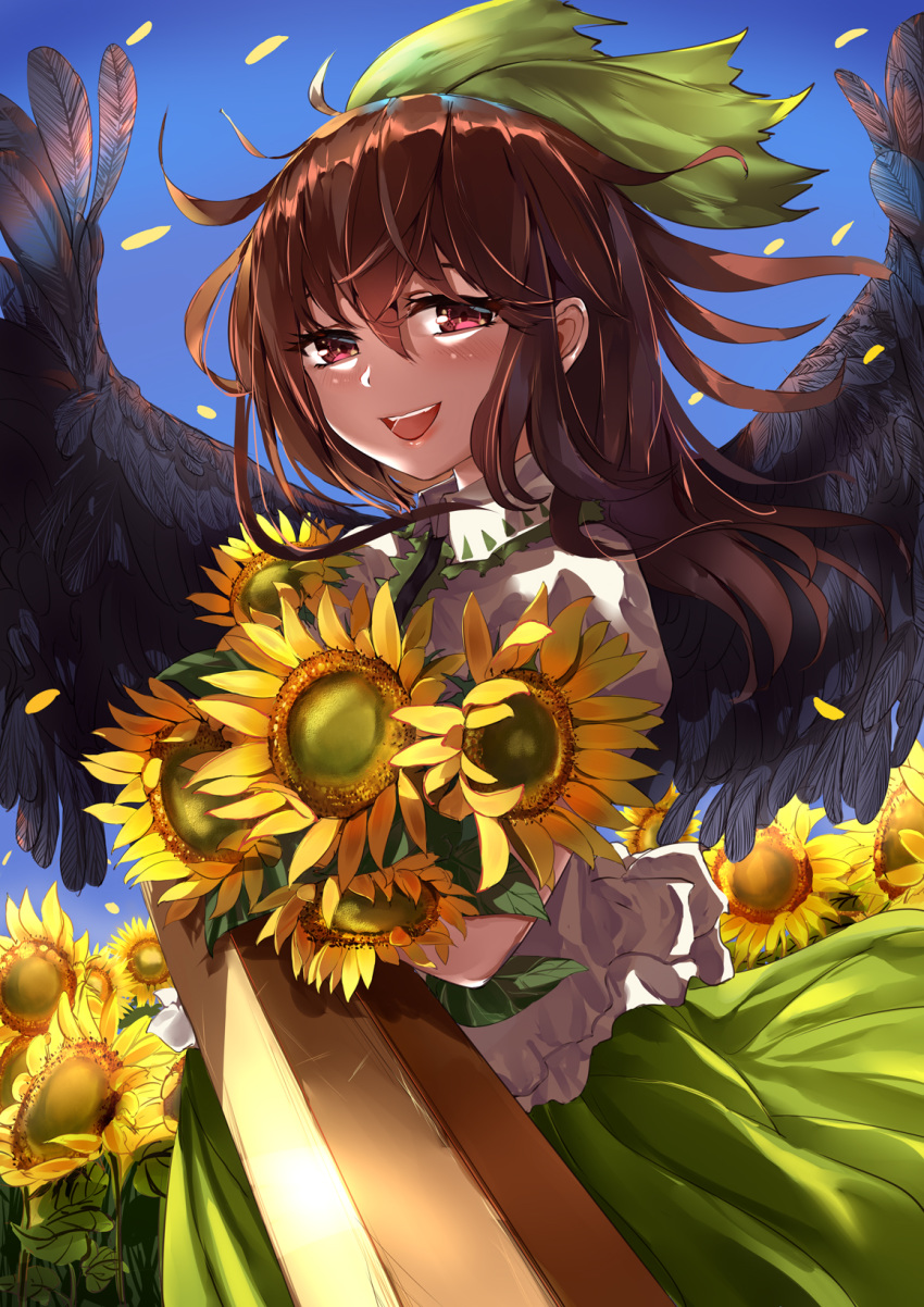 1girl arm_cannon black_wings blue_sky bow brown_hair day denpajin-ryuushi dress feathered_wings floating_hair flower green_bow green_dress hair_bow highres holding holding_flower long_hair looking_at_viewer outdoors petals red_eyes reiuji_utsuho shirt sky smile solo summer sunflower touhou weapon white_shirt wind wings