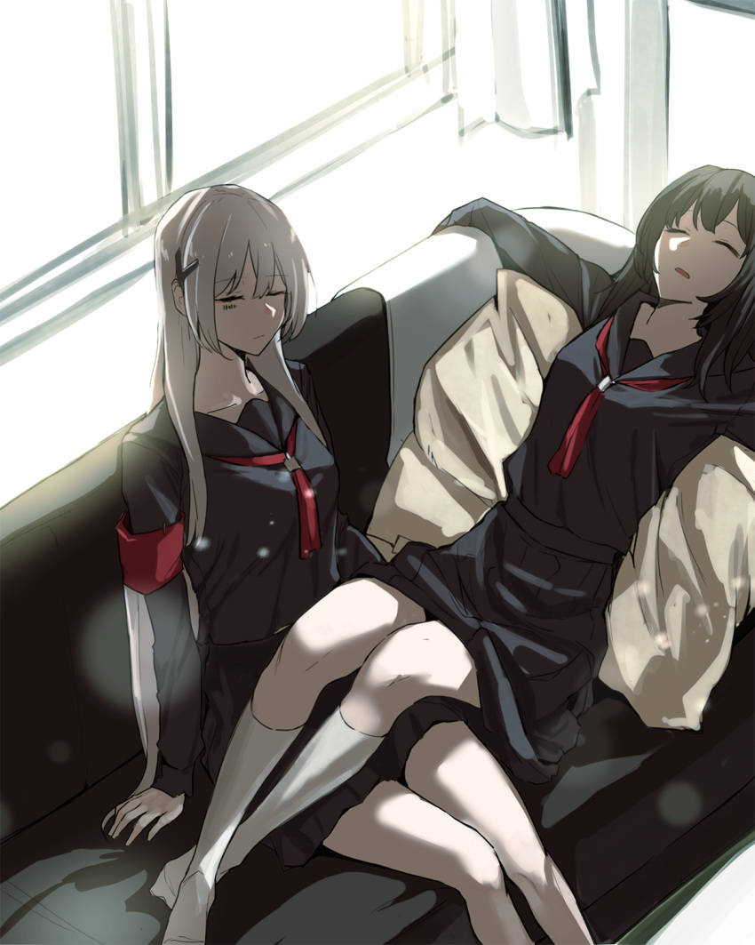 2girls architect_(girls_frontline) bang black_hair breasts closed_eyes couch facial_mark finger_gun gager_(girls_frontline) girls_frontline hair_ornament hairclip highres kneehighs lying mmm_(ji1945) multiple_girls on_back open_mouth pillow pleated_skirt sangvis_ferri school_uniform serafuku sitting skirt white_legwear