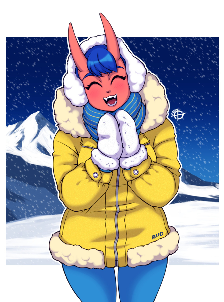 1girl 2020 ^_^ ^o^ absurdres blue_hair blue_legwear blue_scarf blush cinna_(taggo) closed_eyes coat earmuffs eyebrows facing_viewer fangs highres mittens mountainous_horizon oni oni_horns open_mouth original outdoors pantyhose red_skin scarf short_hair smile snow snowing solo taggo teeth yellow_coat