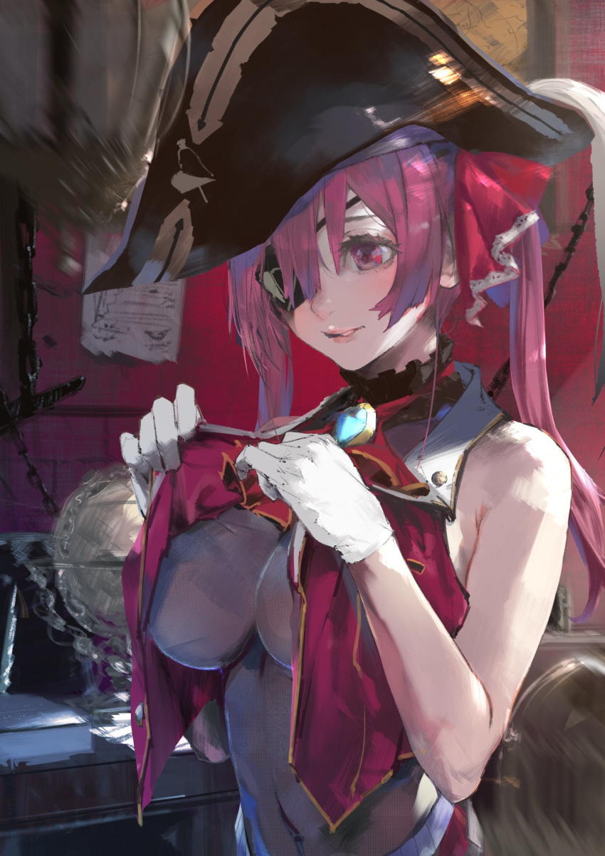 1girl breasts eyepatch gloves hat highres hololive houshou_marine kiriyama navel no_bra open_clothes open_shirt pirate_hat red_eyes redhead solo twintails undressing upper_body virtual_youtuber white_gloves