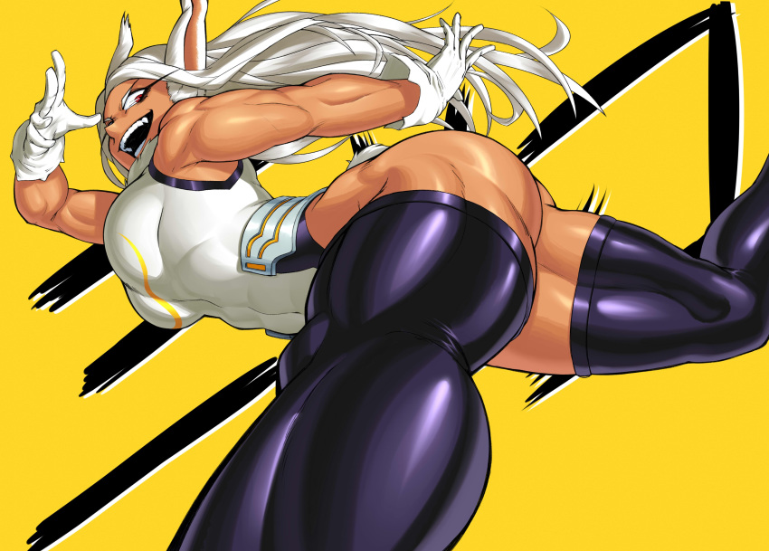 1girl absurdres animal_ears biceps black_legwear boku_no_hero_academia breasts bunny_tail commentary crazy_smile dark_skin english_commentary fang foreshortening from_below fur_collar highleg highleg_leotard highres impossible_clothes impossible_leotard large_breasts leotard long_eyelashes long_hair lyuka mirko muscle muscular_female nose open_mouth rabbit_ears red_eyes running silver_hair sleeveless solo tail taut_leotard thick_thighs thigh-highs thighs white_background white_leotard yellow_background