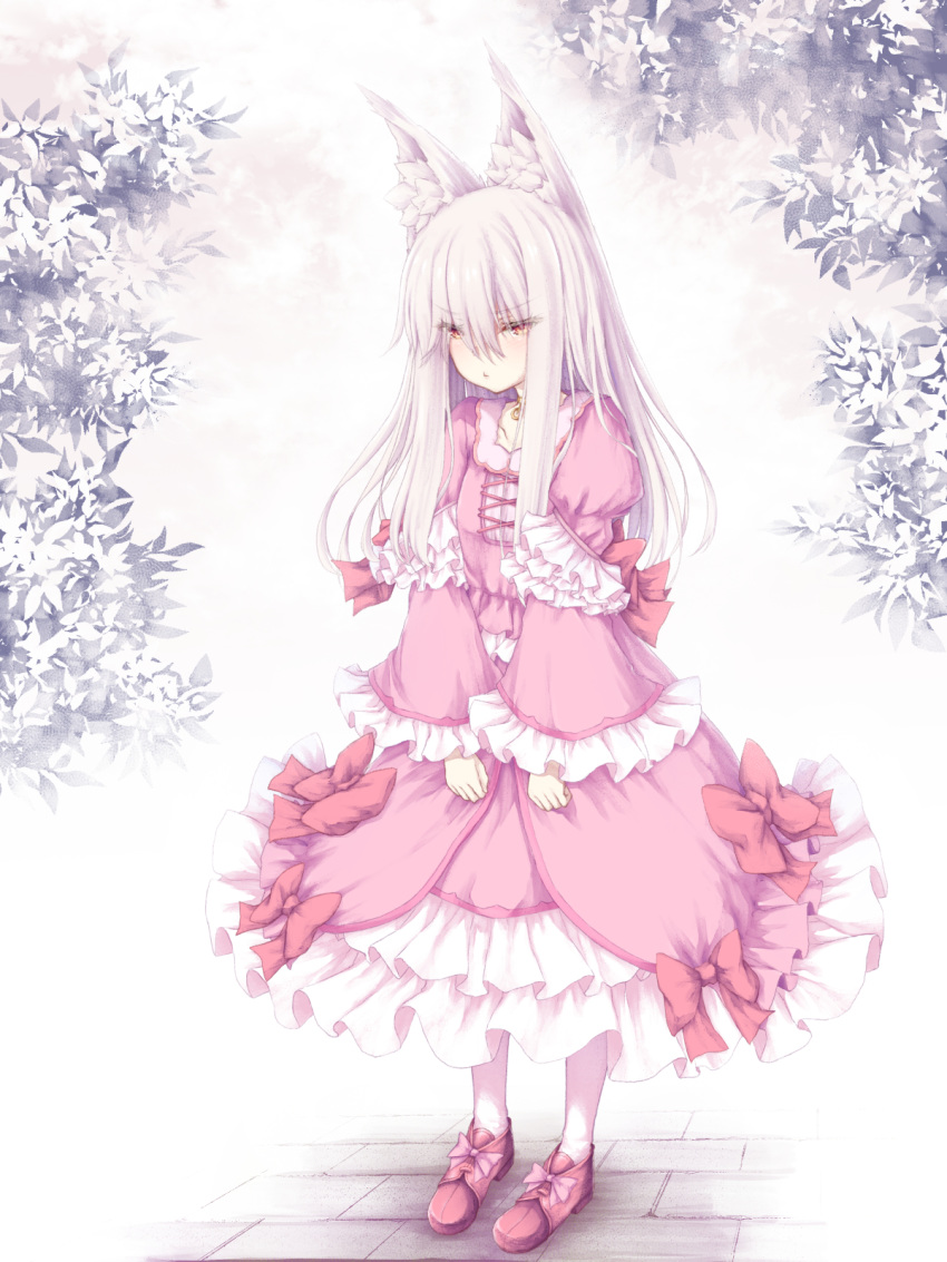 1girl :t animal_ear_fluff animal_ears bangs blush bow closed_mouth dress eyebrows_visible_through_hair fox_ears frilled_dress frills full_body grey_hair hair_between_eyes highres juliet_sleeves long_hair long_sleeves looking_away original pantyhose pink_dress pout puffy_sleeves red_bow red_eyes red_footwear sasasa_(nashi) shoes solo standing very_long_hair white_legwear wide_sleeves