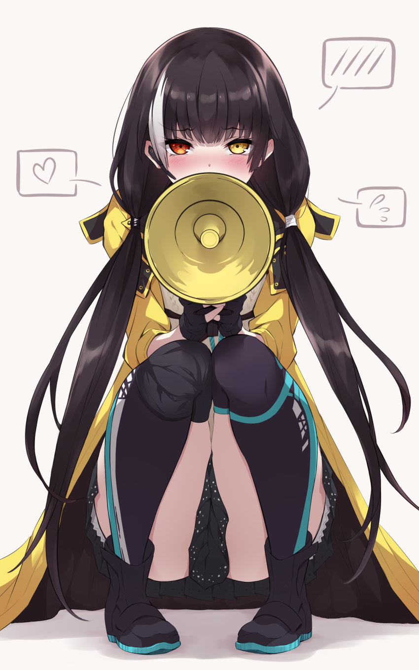 1girl absurdres black_gloves blush diieru earpiece embarrassed emoticon eyebrows eyebrows_visible_through_hair fingerless_gloves full_body girls_frontline gloves heterochromia highres holding holding_megaphone hood hooded_jacket jacket long_hair looking_at_viewer megaphone multicolored_hair nose orange_eyes over-kneehighs pleated_skirt ro635_(girls_frontline) shirt shoes skirt solo squatting streaked_hair striped striped_legwear sweater_vest thigh-highs tsurime white_background white_hair yellow_eyes