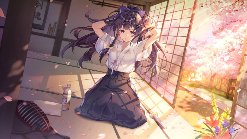 1girl bangs black_hakama blush bokken bottle bow braid cherry_blossoms closed_mouth day ekita_xuan eyebrows_visible_through_hair flower full_body hair_bow hair_ornament hairclip hakama hibiscus high_ponytail highres honkai_(series) indoors japanese_clothes kimono looking_at_viewer mask mask_removed on_floor purple_bow raiden_mei seiza short_sleeves side_braid sitting sliding_doors solo sunlight sweat sword tatami towel tree weapon white_kimono wooden_sword yellow_bow