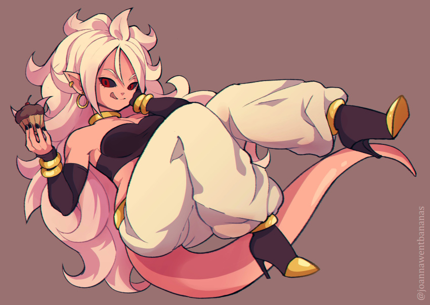 1girl absurdres android_21 bangle black_nails black_sclera black_tubetop bracelet breasts choker detached_sleeves dragon_ball dragon_ball_fighterz earrings elbow_gloves floating food full_body gloves hair_between_eyes harem_pants highres holding holding_food hoop_earrings jewelry jojowentbananas long_hair looking_at_viewer majin_android_21 messy_hair pants pink_skin red_eyes solo strapless tail tongue tongue_out tubetop white_hair