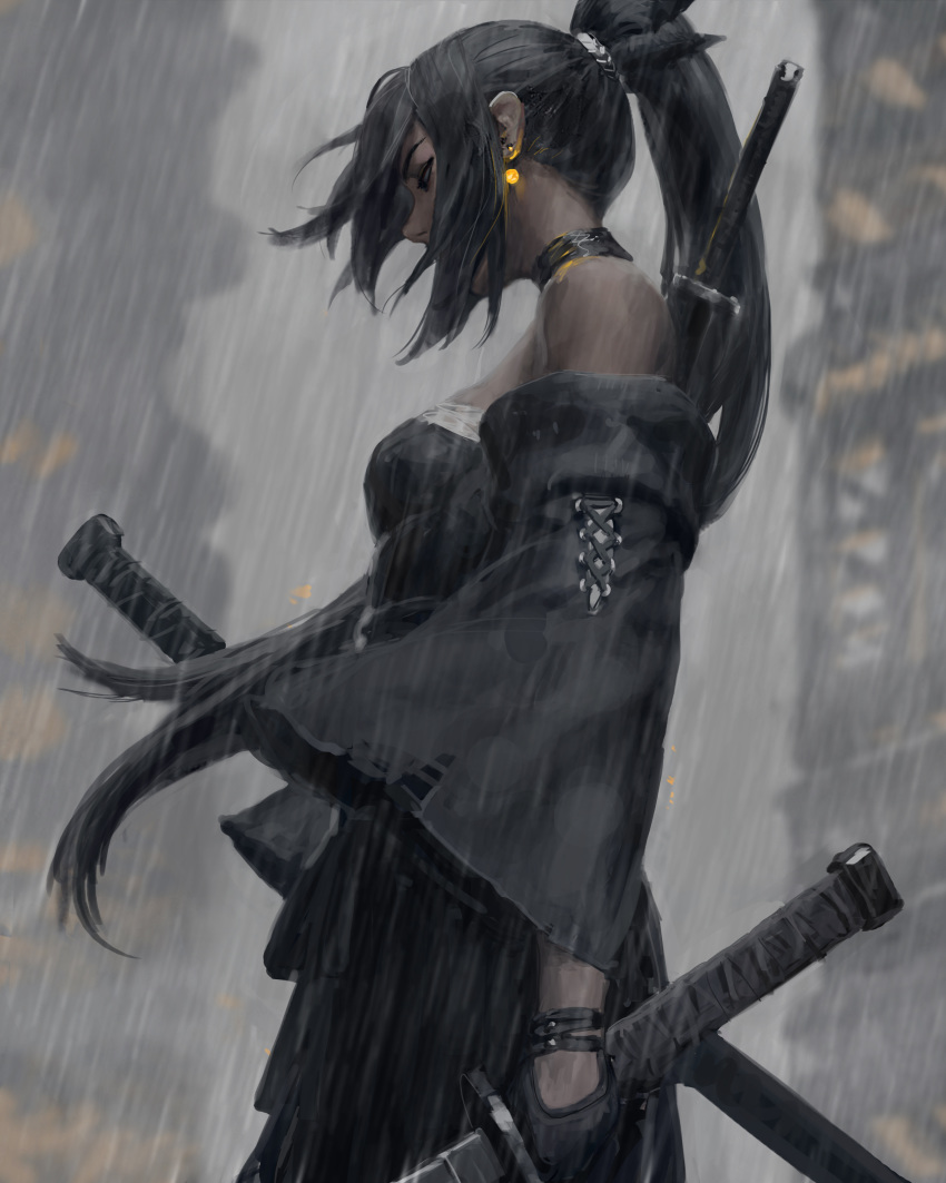 1girl absurdres bare_shoulders black_dress black_eyes black_hair blurry blurry_background breasts depth_of_field detached_sleeves dress earrings glowing guweiz high_ponytail highres holding holding_sword holding_weapon jewelry katana long_hair long_sleeves looking_away original outdoors ponytail profile rain sheath small_breasts solo standing strapless strapless_dress sword very_long_hair weapon wide_sleeves