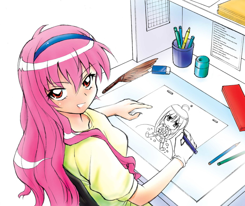 1girl ahoge animation_paper_(object) animator annkoku_daimaou bangs blue_hairband bread breasts calendar_(object) chair chibi commentary crumbs cup desk drawing drawing_equipment eating eraser feather_duster food from_above from_behind gloves hairband highres holding holding_pencil light_box long_hair looking_at_viewer looking_back looking_up louise_francoise_le_blanc_de_la_valliere mechanical_pencil melon_bread office office_chair peg_bar pencil pencil_case pencil_sharpener pink_hair red_eyes shelf shirt simple_background single_glove sitting small_breasts smile solo upper_body white_background white_gloves yellow_shirt zero_no_tsukaima