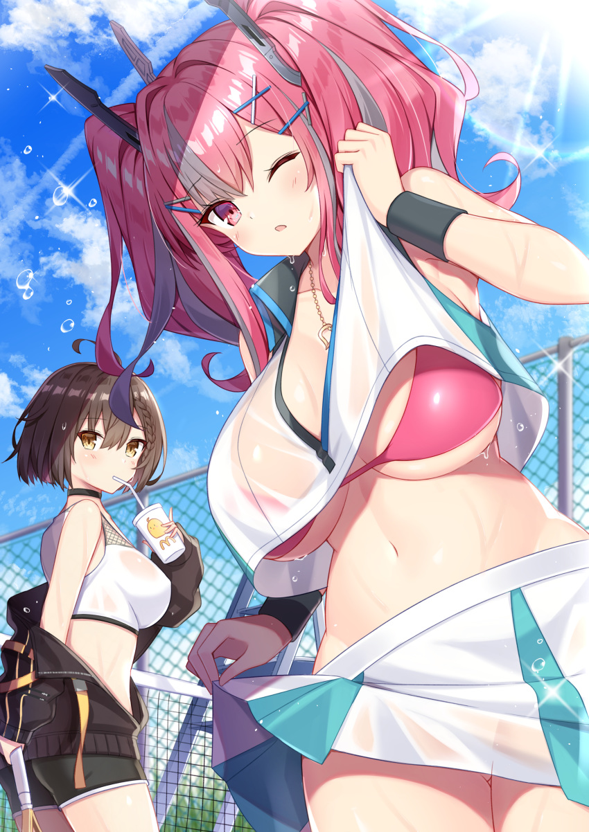 2girls absurdres azur_lane baltimore_(azur_lane) baltimore_(black_ace)_(azur_lane) bangs bare_shoulders blush bow braid breasts bremerton_(azur_lane) bremerton_(scorching-hot_training)_(azur_lane) brown_hair chain-link_fence commentary_request cowboy_shot crop_top crop_top_overhang eyebrows_visible_through_hair fence french_braid grey_hair hair_between_eyes hair_bow hair_ornament hairclip heart heart_necklace highres holding_racket large_breasts lifted_by_self long_hair looking_at_viewer multicolored_hair multiple_girls no_mole off-shoulder_jacket one_eye_closed pink_bikini_top pink_hair racket see-through shirt shirt_lift short_hair skirt skirt_lift sports_bra sportswear streaked_hair takeg05 tennis_racket tennis_uniform twintails two-tone_hair two-tone_shirt two-tone_skirt water wet wet_bra wet_clothes wet_shirt white_sports_bra x_hair_ornament yellow_eyes