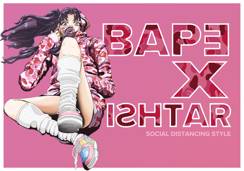 antih1ppy bape camouflage camouflage_hoodie covered_mouth fate/grand_order fate_(series) hood hood_up ishtar_(fate)_(all) ishtar_(fate/grand_order) long_hair mask pink_background pink_eyes pink_footwear shark socks tied_hair