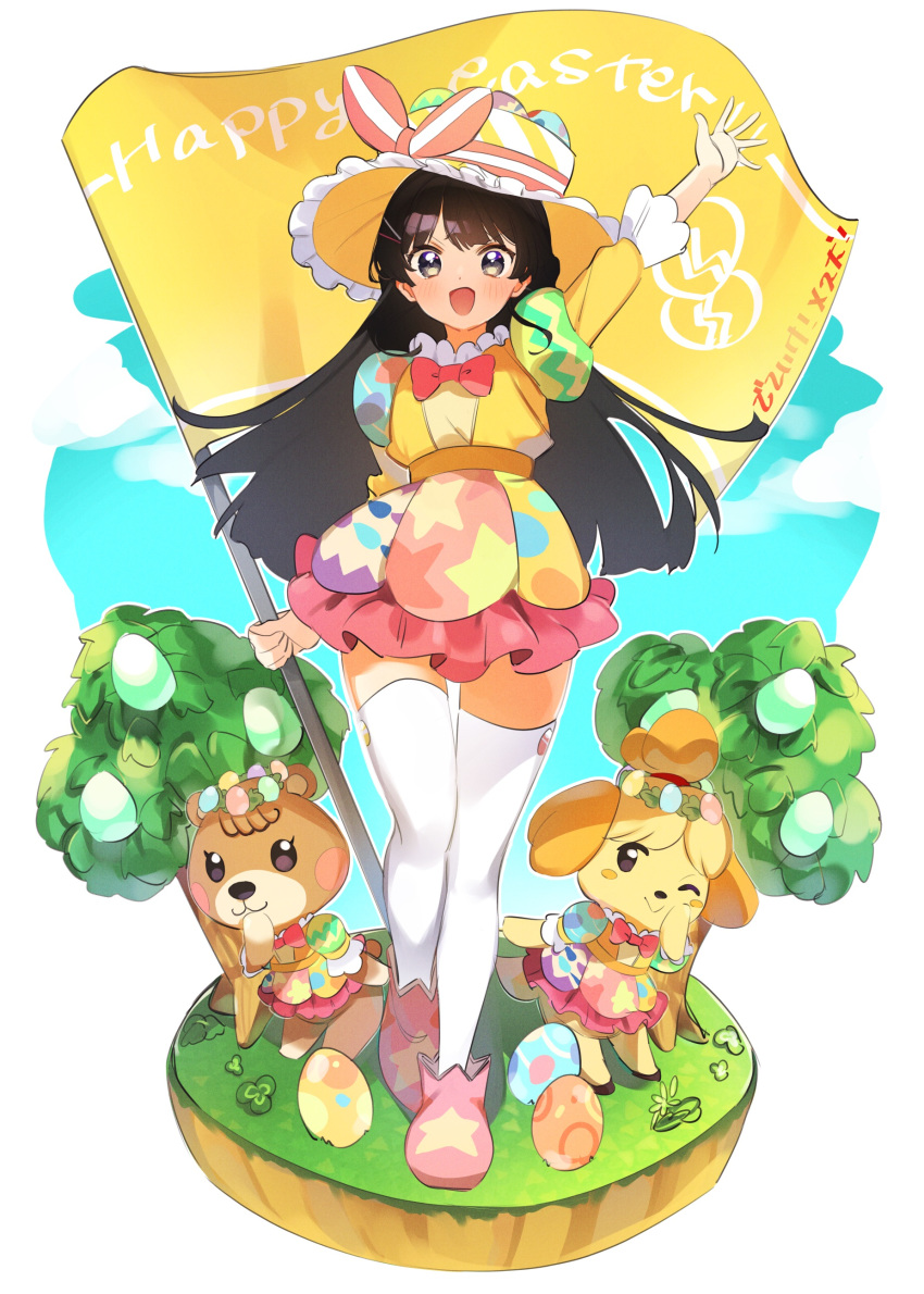 3girls absurdres alternate_costume arm_up black_hair blush character_request doubutsu_no_mori easter easter_egg egg eyebrows_visible_through_hair flag full_body green_eyes hair_ornament hairclip happy_easter highres holding holding_flag kuma_daigorou long_hair long_sleeves looking_at_viewer multiple_girls nijisanji open_mouth puffy_long_sleeves puffy_sleeves shizue_(doubutsu_no_mori) smile thigh-highs translation_request tree tsukino_mito virtual_youtuber white_legwear