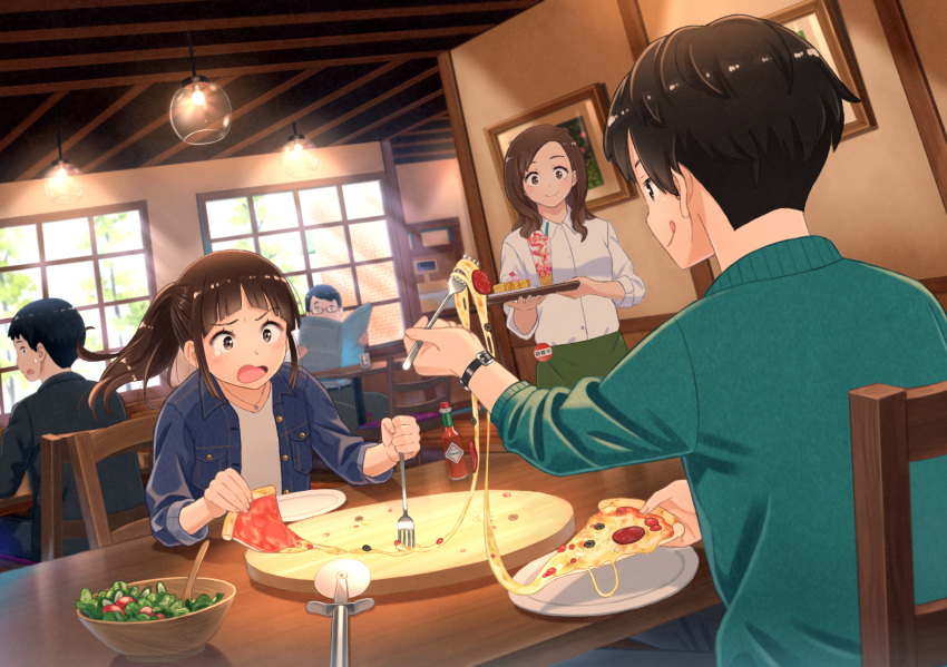 2girls 3boys bangs black_hair blunt_bangs brown_eyes brown_hair commentary dutch_angle eating eyebrows_visible_through_hair food fork highres ice_cream indoors jewelry long_hair looking_at_another multiple_boys multiple_girls necklace open_mouth original pizza pizza_cutter ponytail restaurant salad short_hair smile sundae taka_(tsmix) tray waitress watch watch