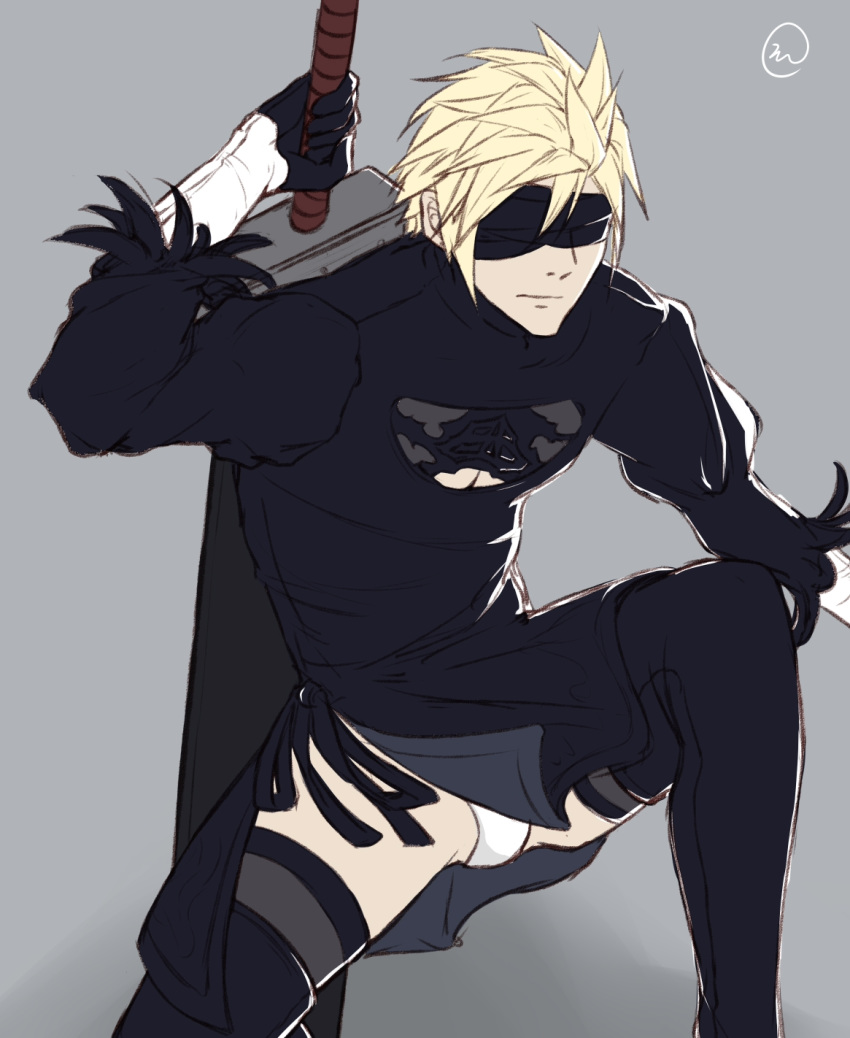 1boy black_blindfold black_dress black_gloves blindfold blonde_hair boots buster_sword cleavage_cutout cloud_strife cosplay covered_eyes crossdressinging dress feather-trimmed_sleeves final_fantasy final_fantasy_vii final_fantasy_vii_remake gloves highres huge_weapon juliet_sleeves leg_up long_sleeves male_focus nier_(series) nier_automata panties pantyshot pantyshot_(standing) puffy_sleeves side_slit solo spiky_hair standing thigh-highs thigh_boots thighhighs_under_boots underwear vambraces weapon white_panties yorha_no._2_type_b yorha_no._2_type_b_(cosplay)