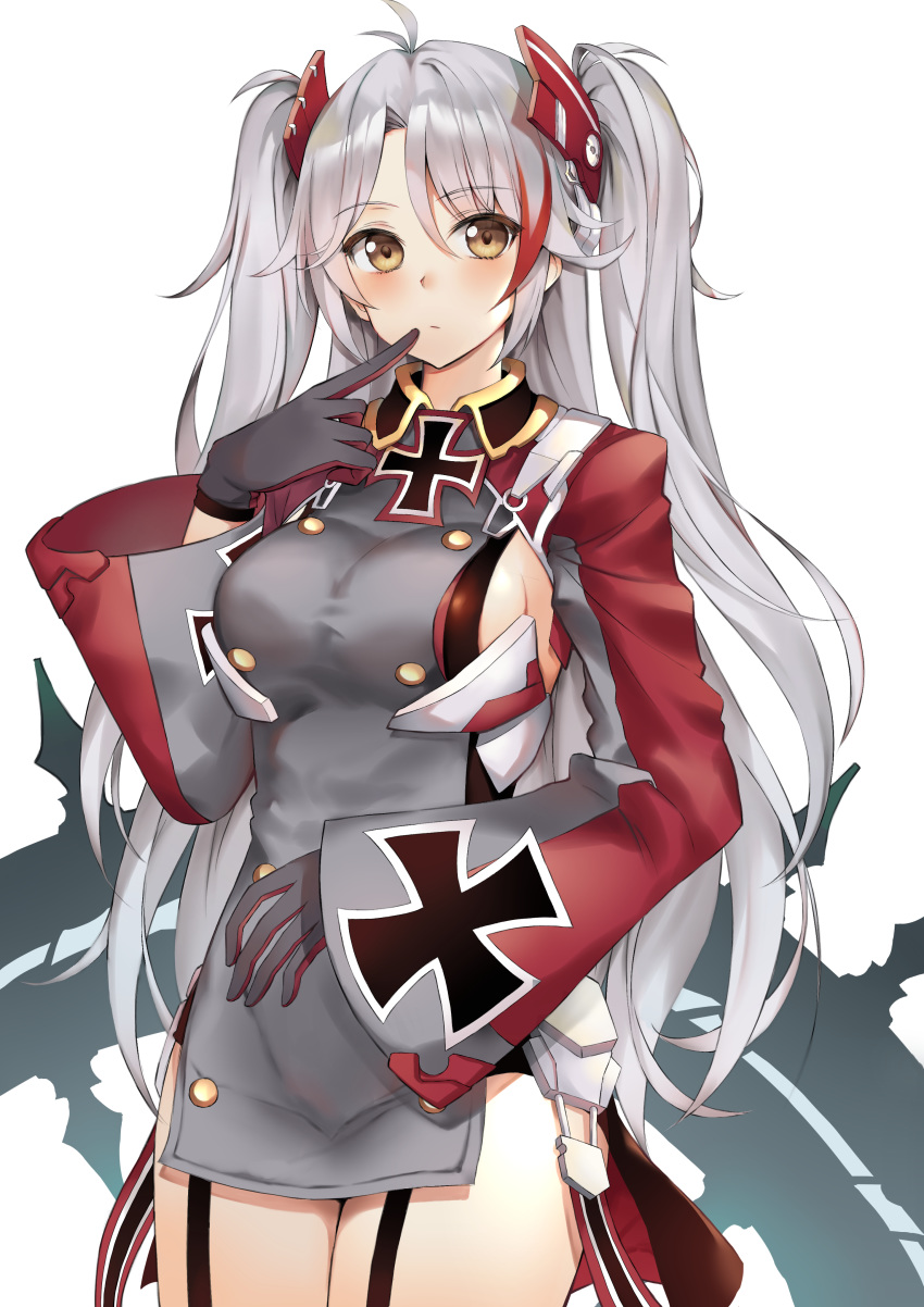 1girl 666_(ro_ro_ro3) absurdres ahoge azur_lane bangs breasts closed_mouth commentary cowboy_shot double-breasted dress eyebrows_visible_through_hair finger_to_mouth garter_straps gloves grey_dress grey_gloves hair_between_eyes headpiece highres index_finger_raised iron_cross large_breasts long_hair looking_at_viewer multicolored_hair parted_bangs prinz_eugen_(azur_lane) redhead short_dress shrug_(clothing) sideboob silver_hair simple_background solo streaked_hair thighs twintails two-tone_hair white_background wide_sleeves yellow_eyes