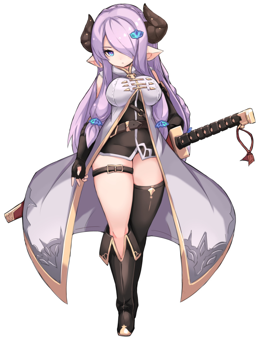 1girl asymmetrical_footwear asymmetrical_gloves bangs bare_shoulders belt black_belt black_footwear black_gloves black_jacket black_legwear blue_eyes blush boots coat curled_horns draph elbow_gloves fingerless_gloves full_body gloves granblue_fantasy granblue_fantasy_versus hair_ornament hair_over_one_eye highres horns jacket karukan_(monjya) knee_boots long_hair looking_at_viewer narmaya_(granblue_fantasy) o-ring parted_lips pointy_ears purple_hair sidelocks simple_background single_knee_boot single_thigh_boot sleeveless_coat solo standing thigh-highs thigh_boots very_long_hair white_background white_coat