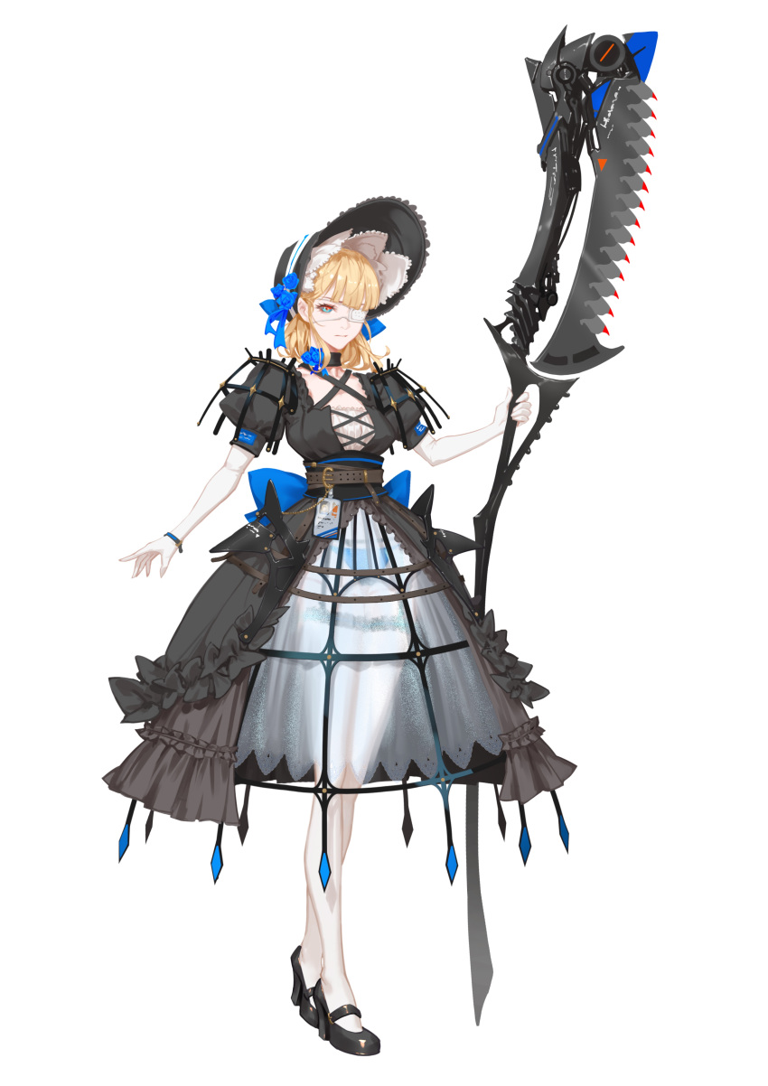 1girl absurdres black_bow black_choker black_footwear black_headwear black_wedding_dress blonde_hair blue_eyes blue_flower blue_rose bow bracelet choker closed_mouth dress eyepatch flower futoshi_(tekidai) gloves hat hat_flower highres holding holding_weapon huge_weapon id_card jewelry medium_hair original rose see-through simple_background solo standing thigh-highs weapon white_background white_gloves white_legwear