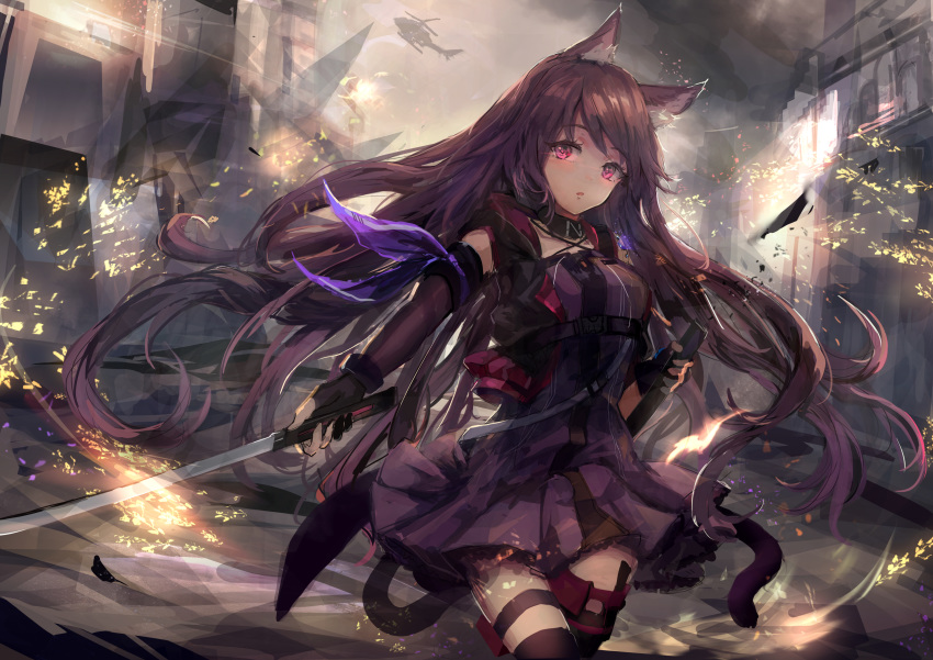 1girl absurdres aircraft arknights battlefield helicopter highres long_hair looking_at_viewer melantha_(arknights) pink_eyes redhead solo sword thigh-highs trrcmb weapon