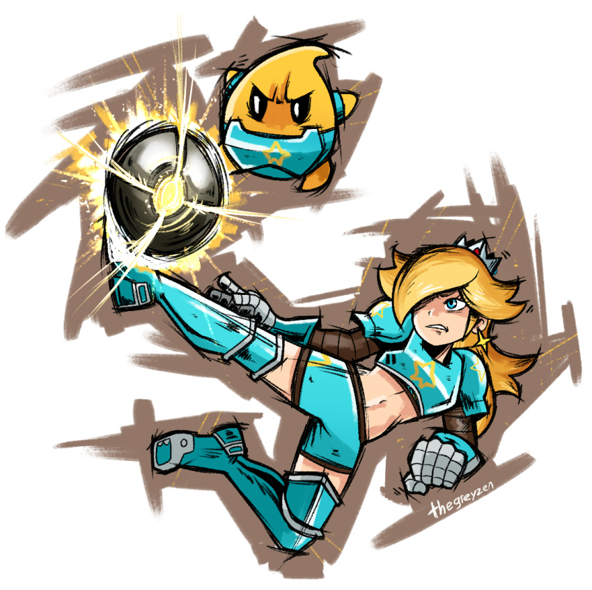 armor ball blonde_hair blue_eyes clenched_hand gold_earrings super_mario_bros. mario_strikers_charged metal_boots midriff one_eye_covered rosalina soccer soccer_ball super_mario_galaxy thegreyzen tiara