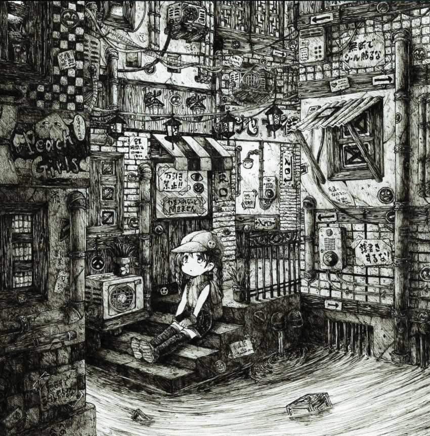 1girl absurdres backpack bag braid directional_arrow greyscale hat highres lantern long_hair looking_away looking_up monochrome original outdoors railing sewer shoes sign sitting sneakers solo speech_bubble stairs twin_braids usio_ueda water