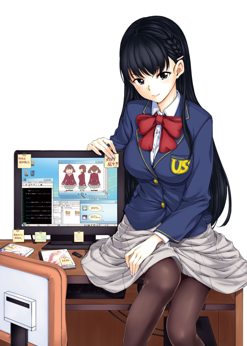 1girl absurdres bangs black_eyes black_hair blazer blue_jacket blush braid breast_pocket breasts cd_case chair closed_mouth computer copyright_request desk feet_out_of_frame french_braid grey_skirt hair_ornament hairclip hamao hand_on_own_thigh highres jacket large_breasts long_hair long_sleeves looking_at_viewer monitor neck_ribbon novel_illustration official_art on_desk pantyhose pocket red_neckwear ribbon school_uniform simple_background sitting sitting_on_desk skirt smile solo white_background