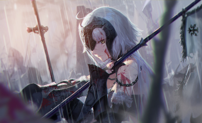 1girl ahoge armor armored_dress bangs bare_shoulders black_dress blood blood_on_face breasts closed_mouth dress fate/grand_order fate_(series) flag fur_trim gauntlets highres jeanne_d'arc_(alter)_(fate) jeanne_d'arc_(fate)_(all) large_breasts long_hair looking_at_viewer polearm rain silver_hair solo sword weapon yellow_eyes zonotaida
